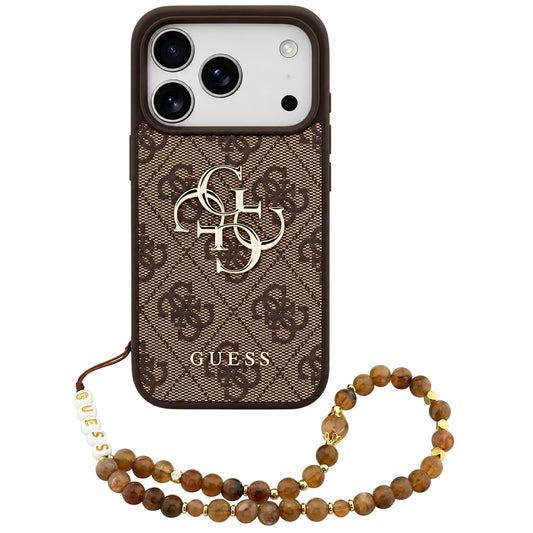 Coque pour Apple iPhone 18 Pro / 17 Pro, Guess, Logo Classique 4G avec Lanière, Marron