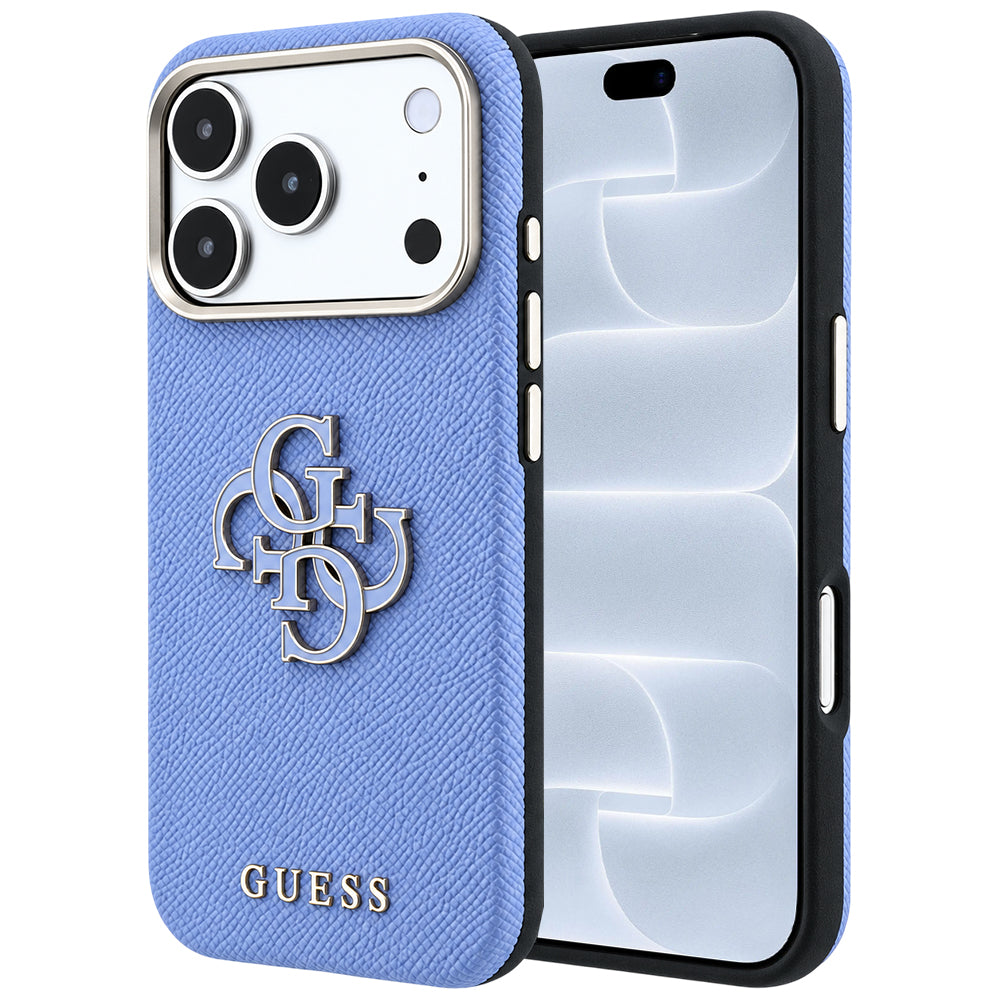 Coque pour Apple iPhone 18 Pro / 17 Pro, Guess, Grand Logo en Résine Grainée, Bleu
