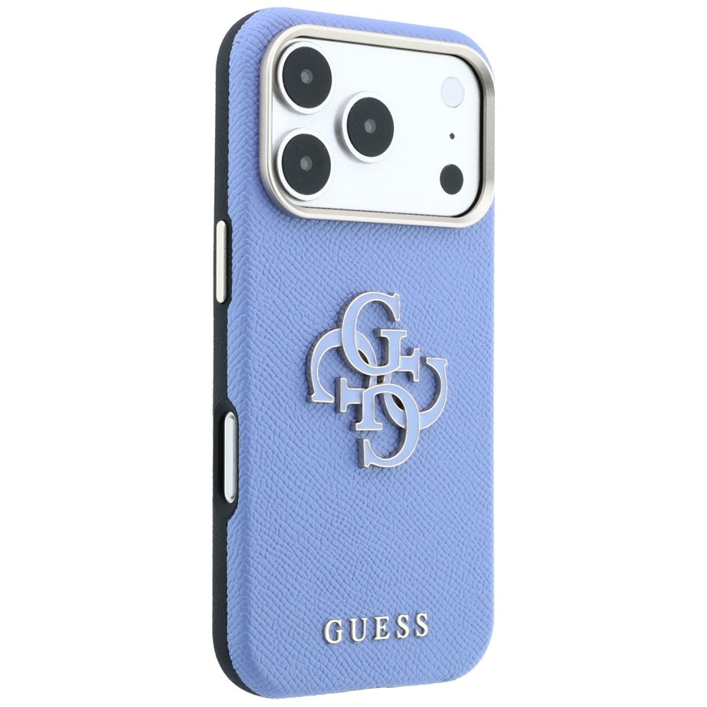 Coque pour Apple iPhone 18 Pro / 17 Pro, Guess, Grand Logo en Résine Grainée, Bleu