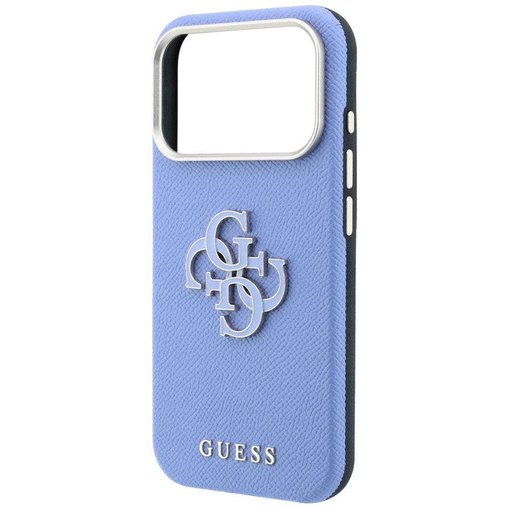 Coque pour Apple iPhone 18 Pro / 17 Pro, Guess, Grand Logo en Résine Grainée, Bleu