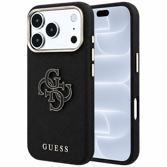 Coque pour Apple iPhone 18 Pro / 17 Pro, Guess, Grand Logo en Résine Grainée, Noire
