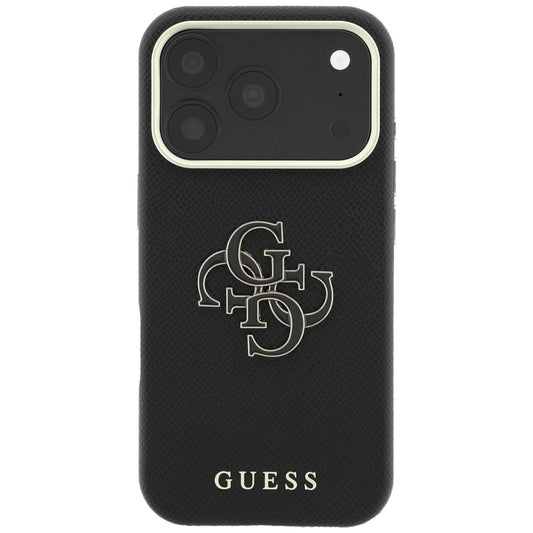 Coque pour Apple iPhone 18 Pro / 17 Pro, Guess, Grand Logo en Résine Grainée, Noire