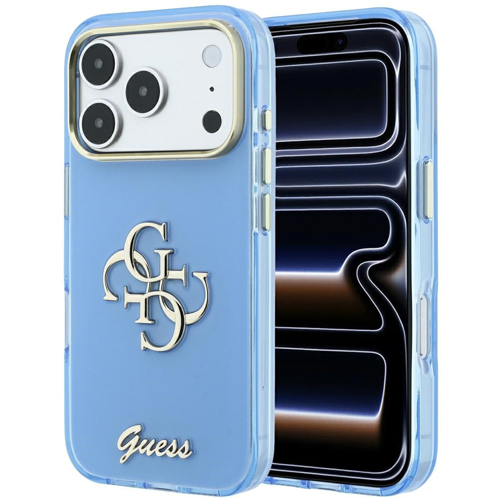 Coque pour Apple iPhone 18 Pro / 17 Pro, Guess, IML 4G Metal Script, Bleu