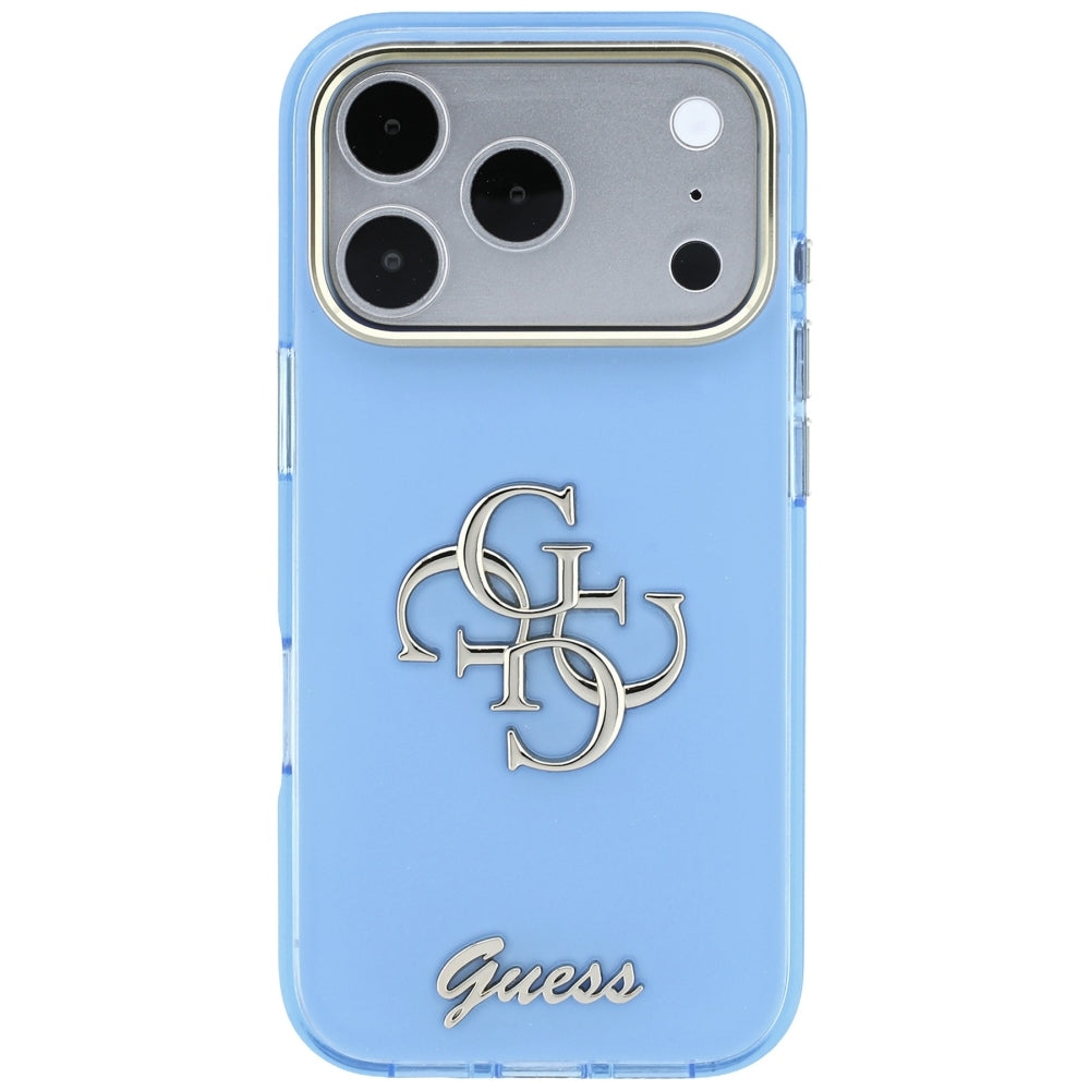 Coque pour Apple iPhone 18 Pro / 17 Pro, Guess, IML 4G Metal Script, Bleu