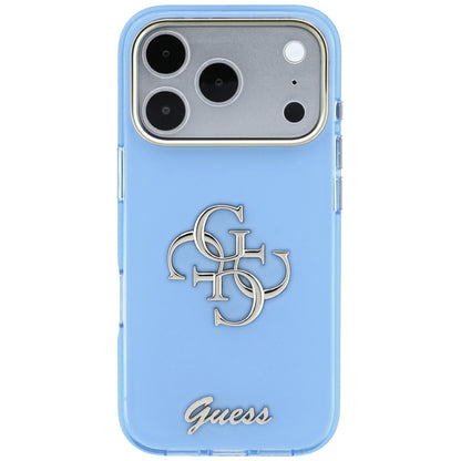 Coque pour Apple iPhone 18 Pro / 17 Pro, Guess, IML 4G Metal Script, Bleu