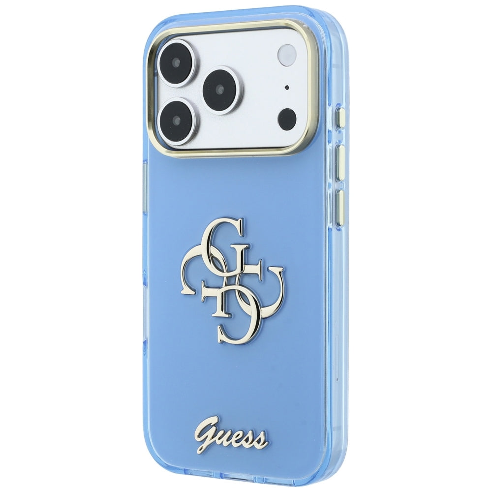 Coque pour Apple iPhone 18 Pro / 17 Pro, Guess, IML 4G Metal Script, Bleu