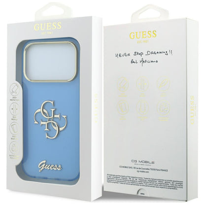 Coque pour Apple iPhone 18 Pro / 17 Pro, Guess, IML 4G Metal Script, Bleu