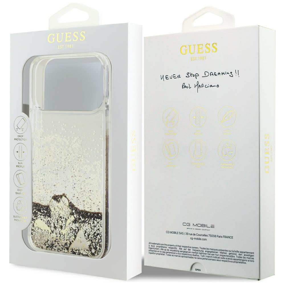 Coque pour Apple iPhone 18 Pro / 17 Pro, Guess, Liquid Glitter Charms, dorée