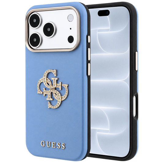 Coque pour Apple iPhone 18 Pro / 17 Pro, Guess, Logo Strass Lisse Grand, Bleu