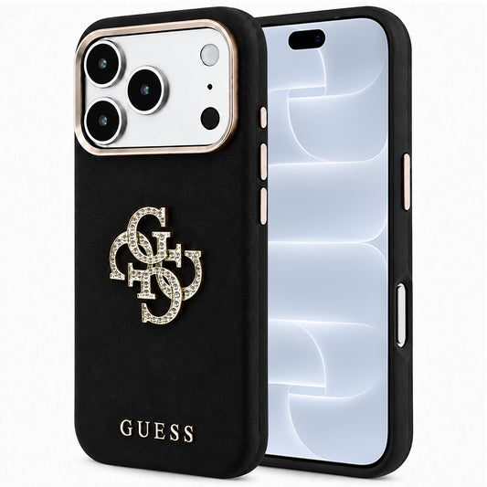 Coque pour Apple iPhone 18 Pro / 17 Pro, Guess, Logo Strass Lisse Grand, Noire