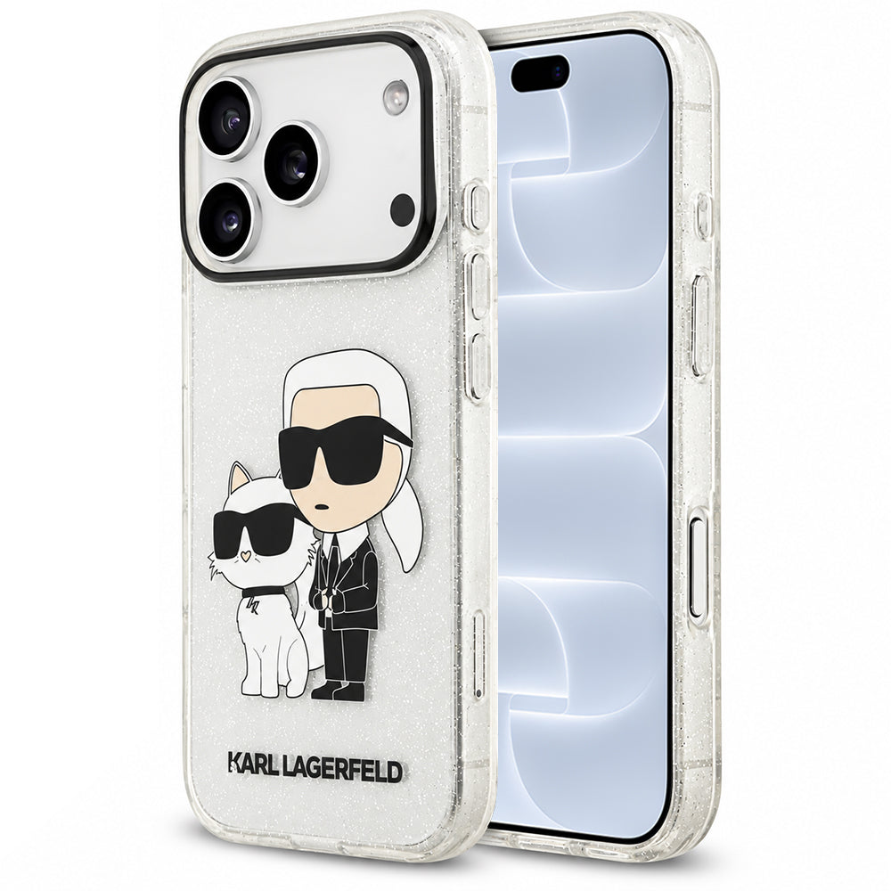 Coque pour Apple iPhone 18 Pro / 17 Pro, Karl Lagerfeld, IML Glitter Karl and Choupette NFT, transparente