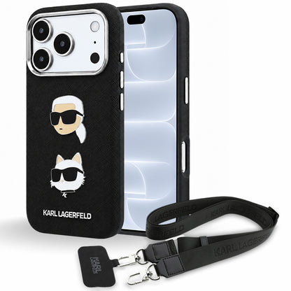 Coque pour Apple iPhone 18 Pro / 17 Pro, Karl Lagerfeld, Saffiano Crossbody avec logo Karl & Choupette Head's Pins, noire