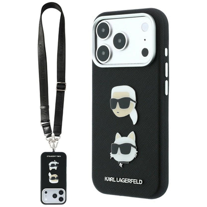 Coque pour Apple iPhone 18 Pro / 17 Pro, Karl Lagerfeld, Saffiano Crossbody avec logo Karl & Choupette Head's Pins, noire