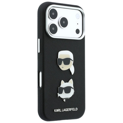 Coque pour Apple iPhone 18 Pro / 17 Pro, Karl Lagerfeld, Saffiano Crossbody avec logo Karl & Choupette Head's Pins, noire