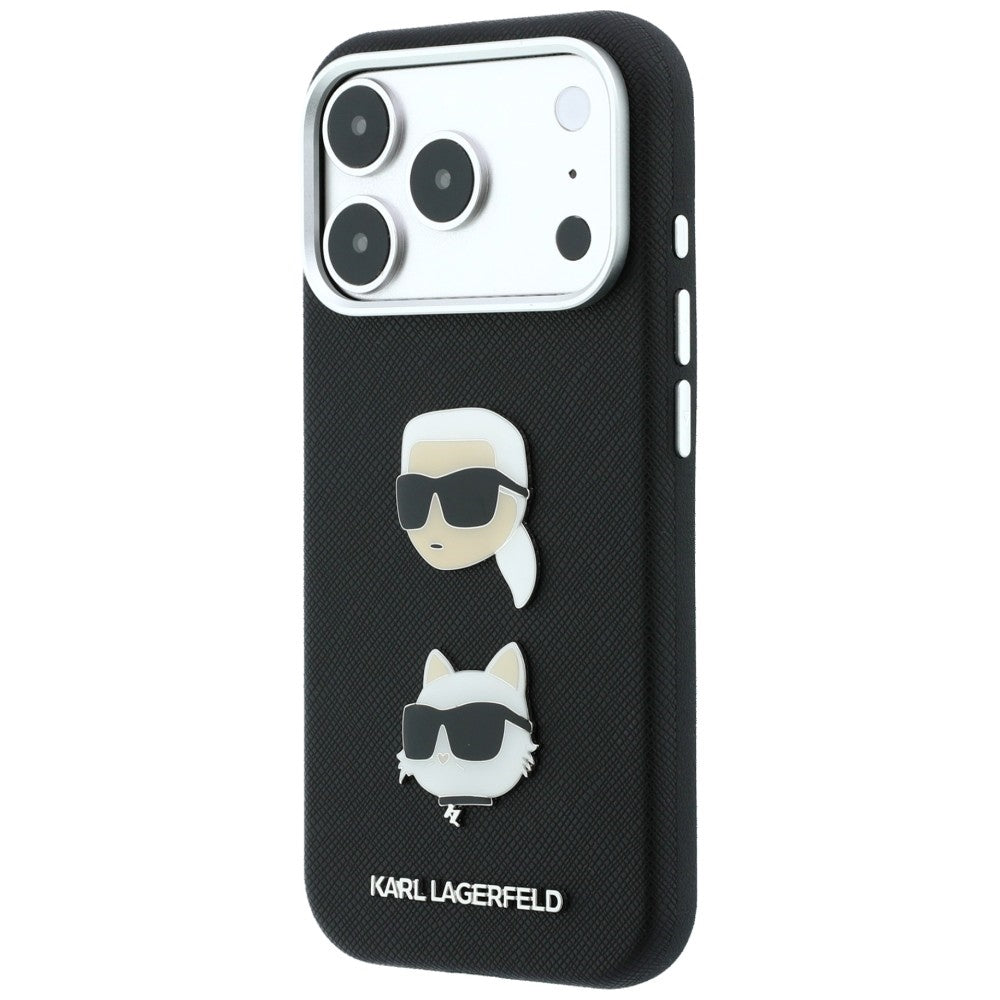 Coque pour Apple iPhone 18 Pro / 17 Pro, Karl Lagerfeld, Saffiano Crossbody avec logo Karl & Choupette Head's Pins, noire