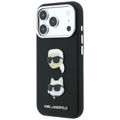 Coque pour Apple iPhone 18 Pro / 17 Pro, Karl Lagerfeld, Saffiano Crossbody avec logo Karl & Choupette Head's Pins, noire