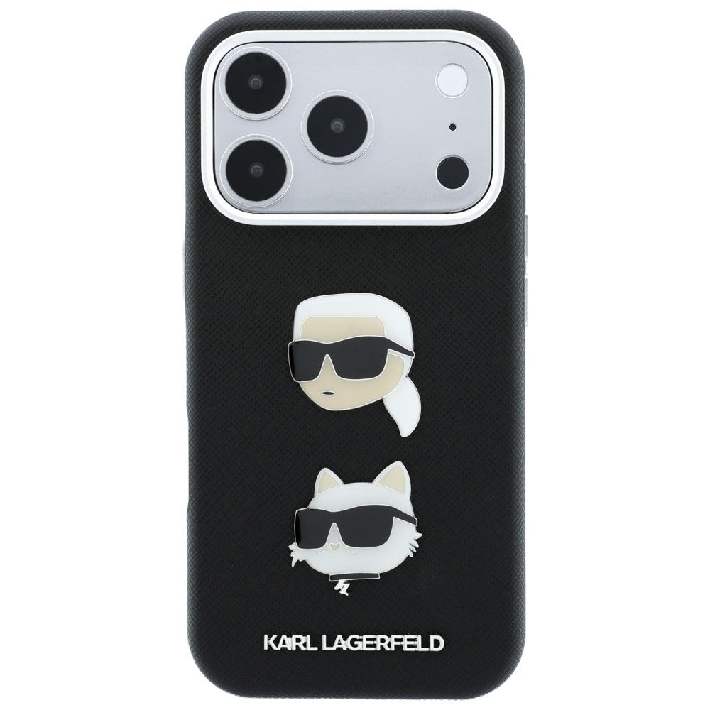 Coque pour Apple iPhone 18 Pro / 17 Pro, Karl Lagerfeld, Saffiano Crossbody avec logo Karl & Choupette Head's Pins, noire