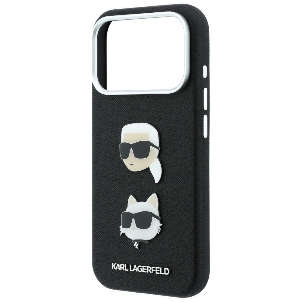 Coque pour Apple iPhone 18 Pro / 17 Pro, Karl Lagerfeld, Saffiano Crossbody avec logo Karl & Choupette Head's Pins, noire