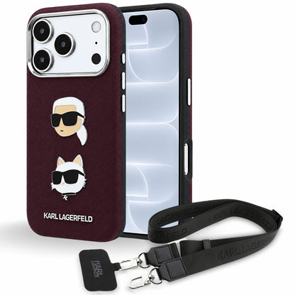 Étui pour Apple iPhone 18 Pro / 17 Pro, Karl Lagerfeld, Saffiano Crossbody Karl & Choupette Head's Pins Logo, bordeaux