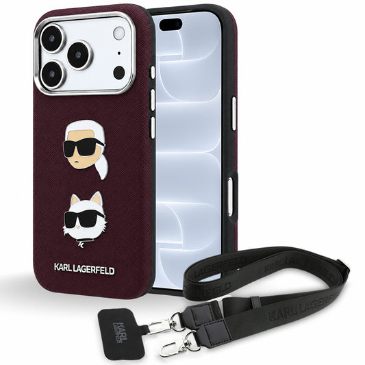 Étui pour Apple iPhone 18 Pro / 17 Pro, Karl Lagerfeld, Saffiano Crossbody Karl & Choupette Head's Pins Logo, bordeaux