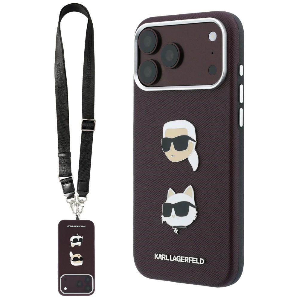 Étui pour Apple iPhone 18 Pro / 17 Pro, Karl Lagerfeld, Saffiano Crossbody Karl & Choupette Head's Pins Logo, bordeaux