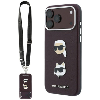 Étui pour Apple iPhone 18 Pro / 17 Pro, Karl Lagerfeld, Saffiano Crossbody Karl & Choupette Head's Pins Logo, bordeaux
