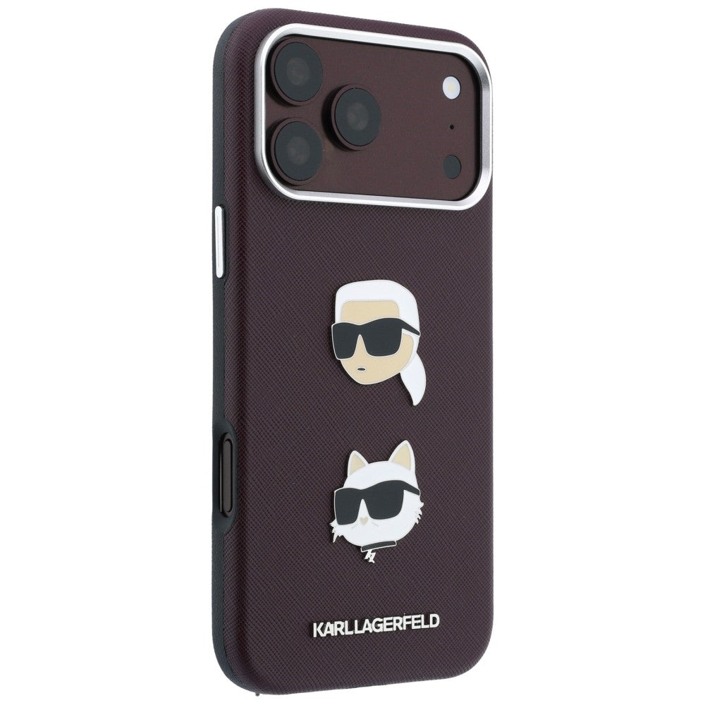 Étui pour Apple iPhone 18 Pro / 17 Pro, Karl Lagerfeld, Saffiano Crossbody Karl & Choupette Head's Pins Logo, bordeaux
