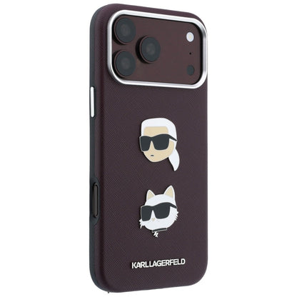 Étui pour Apple iPhone 18 Pro / 17 Pro, Karl Lagerfeld, Saffiano Crossbody Karl & Choupette Head's Pins Logo, bordeaux