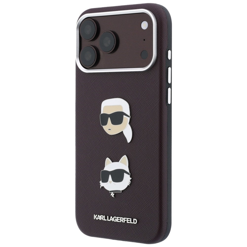 Étui pour Apple iPhone 18 Pro / 17 Pro, Karl Lagerfeld, Saffiano Crossbody Karl & Choupette Head's Pins Logo, bordeaux