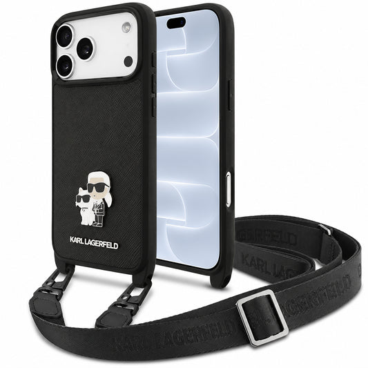 Coque pour Apple iPhone 18 Pro / 17 Pro, Karl Lagerfeld, Saffiano Crossbody Metal Pin Karl & Choupette, noire