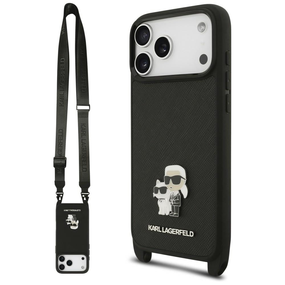 Coque pour Apple iPhone 18 Pro / 17 Pro, Karl Lagerfeld, Saffiano Crossbody Metal Pin Karl & Choupette, noire