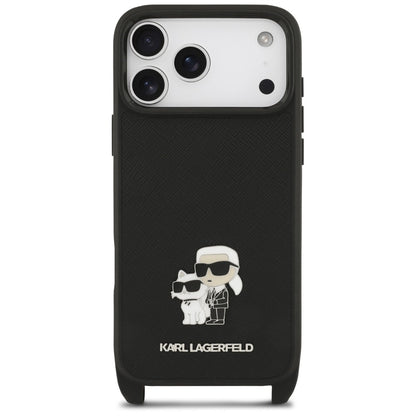 Coque pour Apple iPhone 18 Pro / 17 Pro, Karl Lagerfeld, Saffiano Crossbody Metal Pin Karl & Choupette, noire