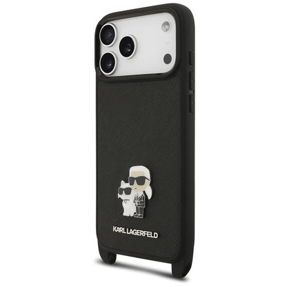Coque pour Apple iPhone 18 Pro / 17 Pro, Karl Lagerfeld, Saffiano Crossbody Metal Pin Karl & Choupette, noire