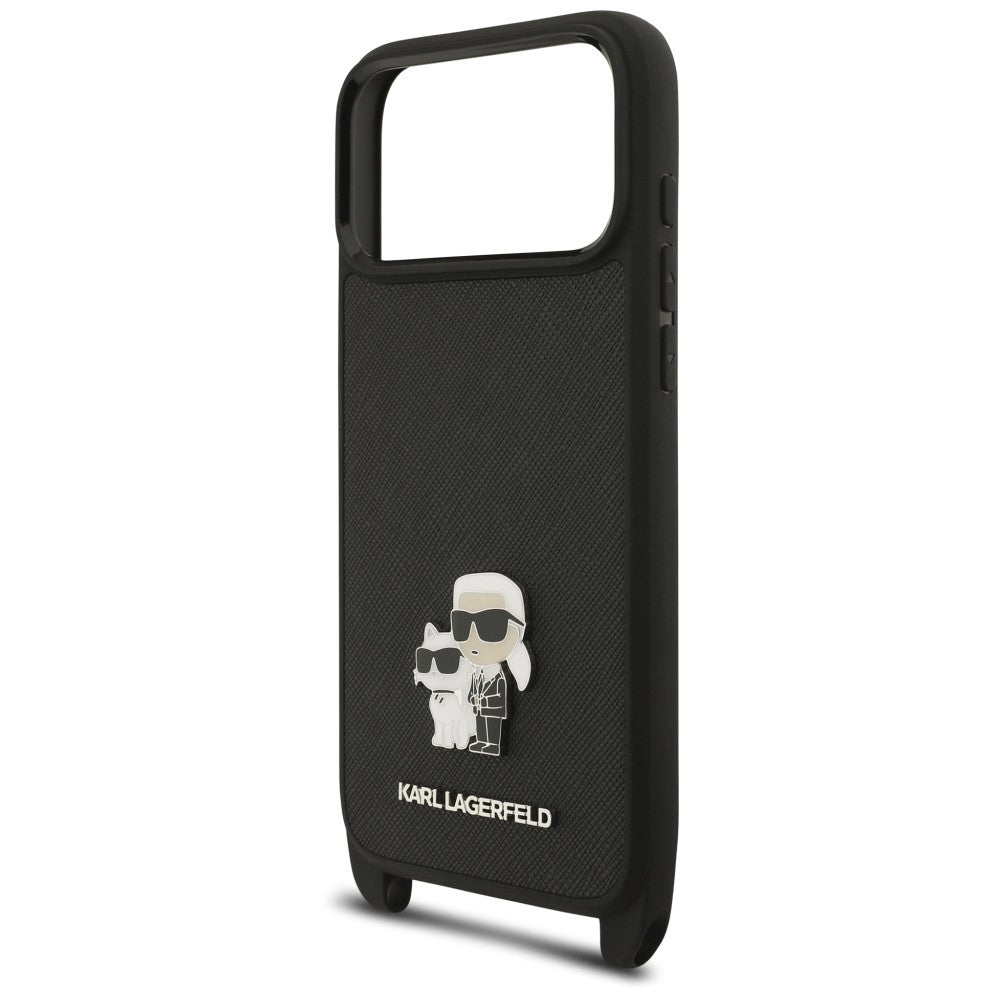 Coque pour Apple iPhone 18 Pro / 17 Pro, Karl Lagerfeld, Saffiano Crossbody Metal Pin Karl & Choupette, noire