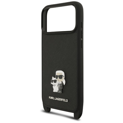 Coque pour Apple iPhone 18 Pro / 17 Pro, Karl Lagerfeld, Saffiano Crossbody Metal Pin Karl & Choupette, noire