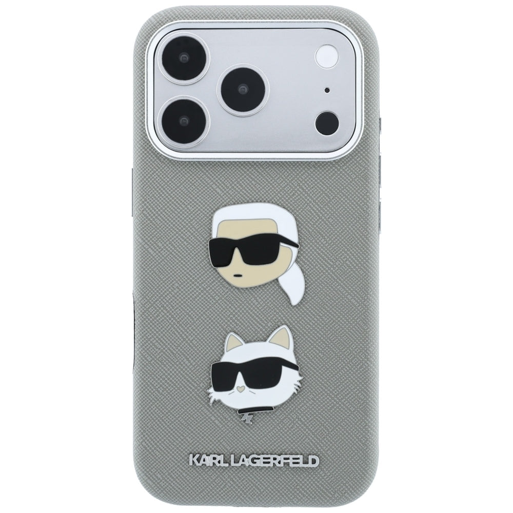 Coque pour Apple iPhone 18 Pro / 17 Pro, Karl Lagerfeld, Saffiano avec épingle représentant les têtes de Karl et Choupette et logo, grise
