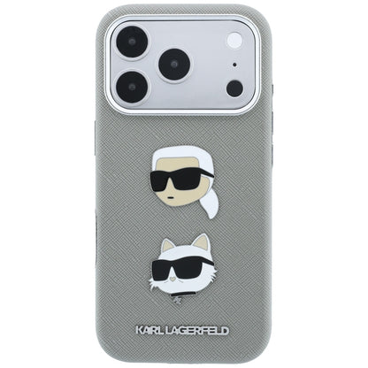 Coque pour Apple iPhone 18 Pro / 17 Pro, Karl Lagerfeld, Saffiano avec épingle représentant les têtes de Karl et Choupette et logo, grise