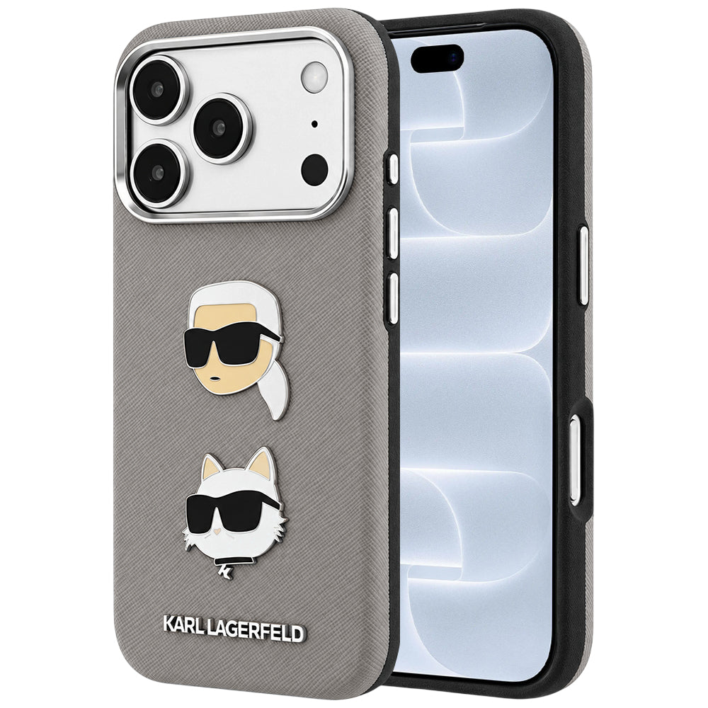Coque pour Apple iPhone 18 Pro / 17 Pro, Karl Lagerfeld, Saffiano avec épingle représentant les têtes de Karl et Choupette et logo, grise