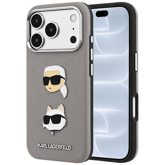 Coque pour Apple iPhone 18 Pro / 17 Pro, Karl Lagerfeld, Saffiano avec épingle représentant les têtes de Karl et Choupette et logo, grise