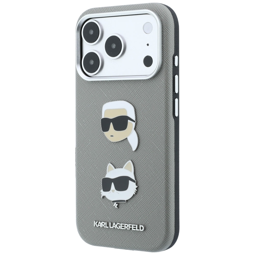 Coque pour Apple iPhone 18 Pro / 17 Pro, Karl Lagerfeld, Saffiano avec épingle représentant les têtes de Karl et Choupette et logo, grise