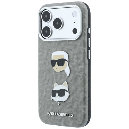 Coque pour Apple iPhone 18 Pro / 17 Pro, Karl Lagerfeld, Saffiano avec épingle représentant les têtes de Karl et Choupette et logo, grise