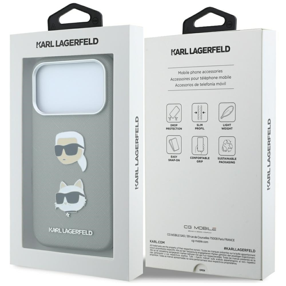 Coque pour Apple iPhone 18 Pro / 17 Pro, Karl Lagerfeld, Saffiano avec épingle représentant les têtes de Karl et Choupette et logo, grise