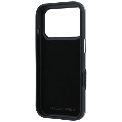 Coque pour Apple iPhone 18 Pro / 17 Pro, Karl Lagerfeld, Saffiano avec épingle représentant les têtes de Karl et Choupette et logo, grise