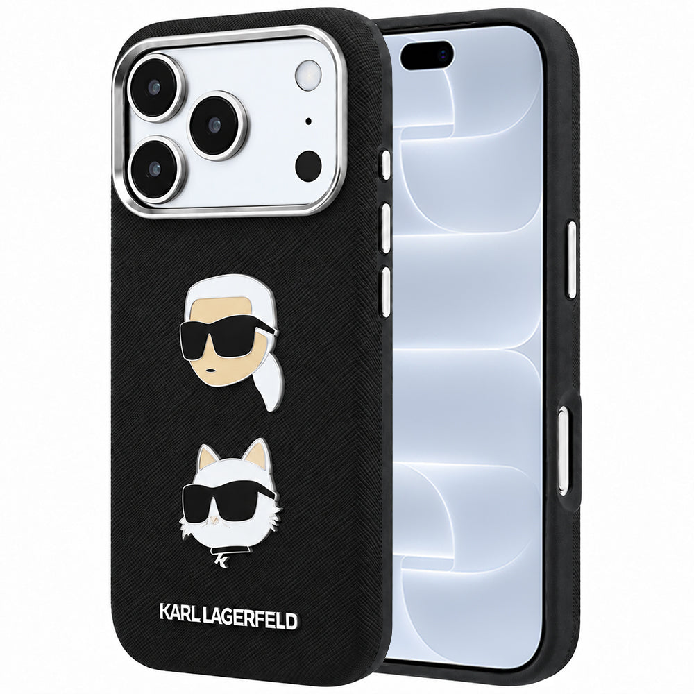 Coque pour Apple iPhone 18 Pro / 17 Pro, Karl Lagerfeld, Saffiano avec épingle représentant les têtes de Karl et Choupette et logo, noire