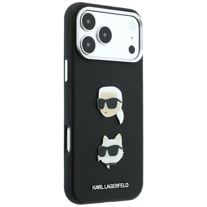 Coque pour Apple iPhone 18 Pro / 17 Pro, Karl Lagerfeld, Saffiano avec épingle représentant les têtes de Karl et Choupette et logo, noire