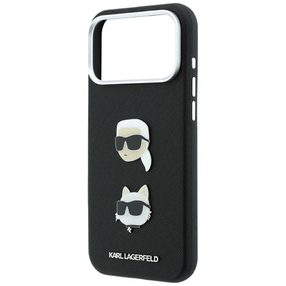 Coque pour Apple iPhone 18 Pro / 17 Pro, Karl Lagerfeld, Saffiano avec épingle représentant les têtes de Karl et Choupette et logo, noire