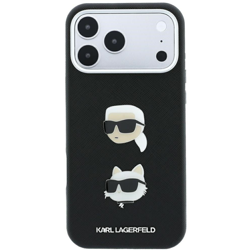 Coque pour Apple iPhone 18 Pro / 17 Pro, Karl Lagerfeld, Saffiano avec épingle représentant les têtes de Karl et Choupette et logo, noire