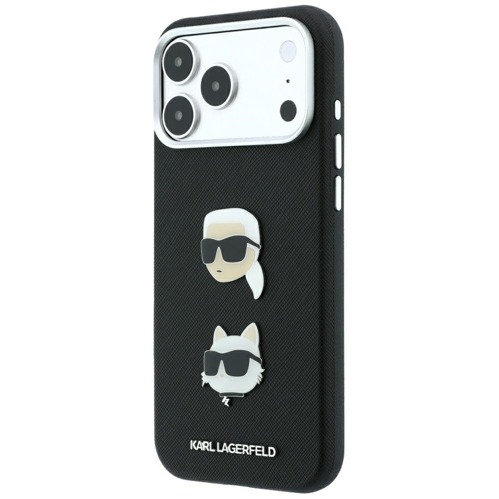 Coque pour Apple iPhone 18 Pro / 17 Pro, Karl Lagerfeld, Saffiano avec épingle représentant les têtes de Karl et Choupette et logo, noire
