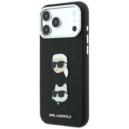 Coque pour Apple iPhone 18 Pro / 17 Pro, Karl Lagerfeld, Saffiano avec épingle représentant les têtes de Karl et Choupette et logo, noire