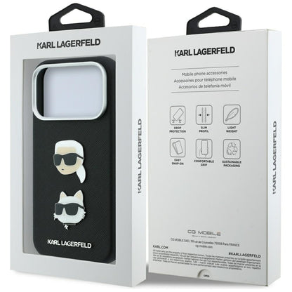 Coque pour Apple iPhone 18 Pro / 17 Pro, Karl Lagerfeld, Saffiano avec épingle représentant les têtes de Karl et Choupette et logo, noire